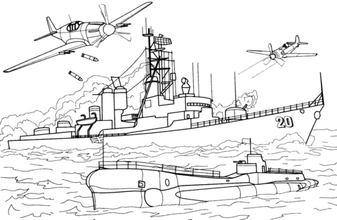 Charles F. Adams Class Destroyer Is Under Attack Coloring Page